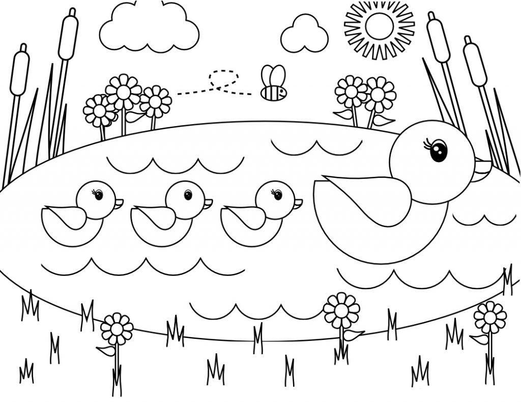 Spring Ducks in Pond Coloring Page
