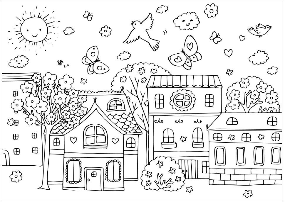 Spring Town Scene Coloring Page