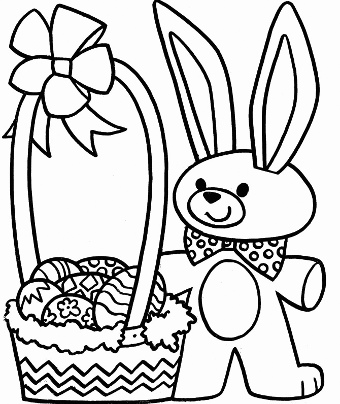 Cute Rabbit With Easter Basket Full Of Eggs To Color