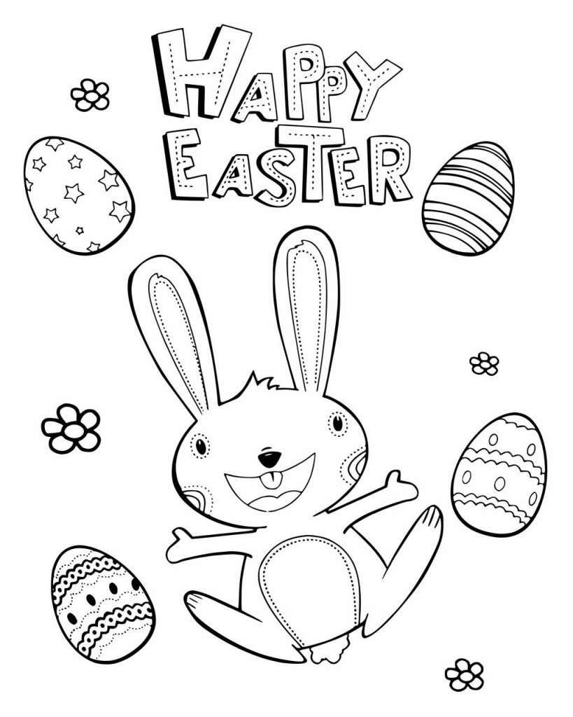 Happy Easter Bunny With Eggs Coloring Page