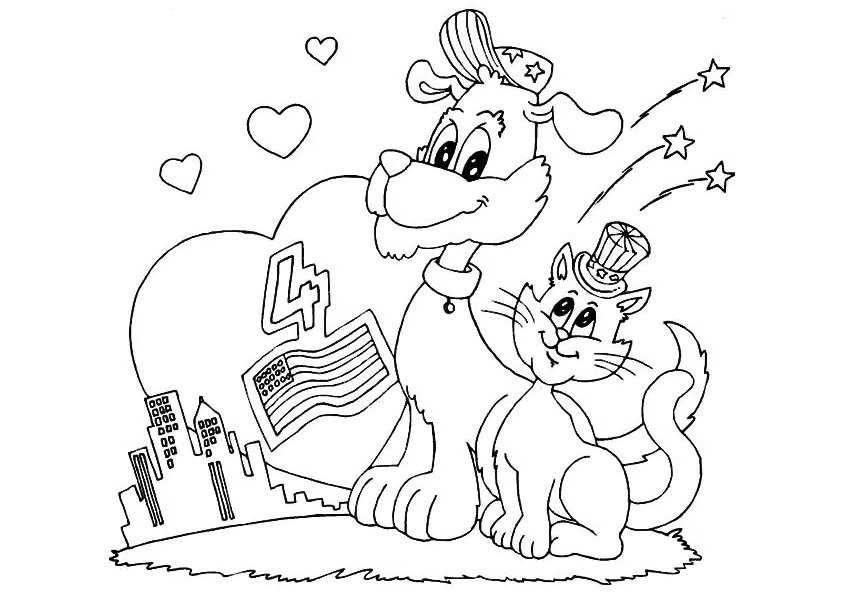 Cats And Dog 4th Of July Coloring Page