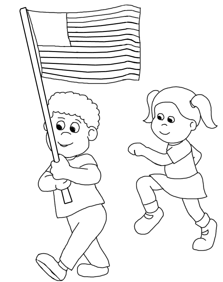 Kids Marching With American Flag Coloring Page