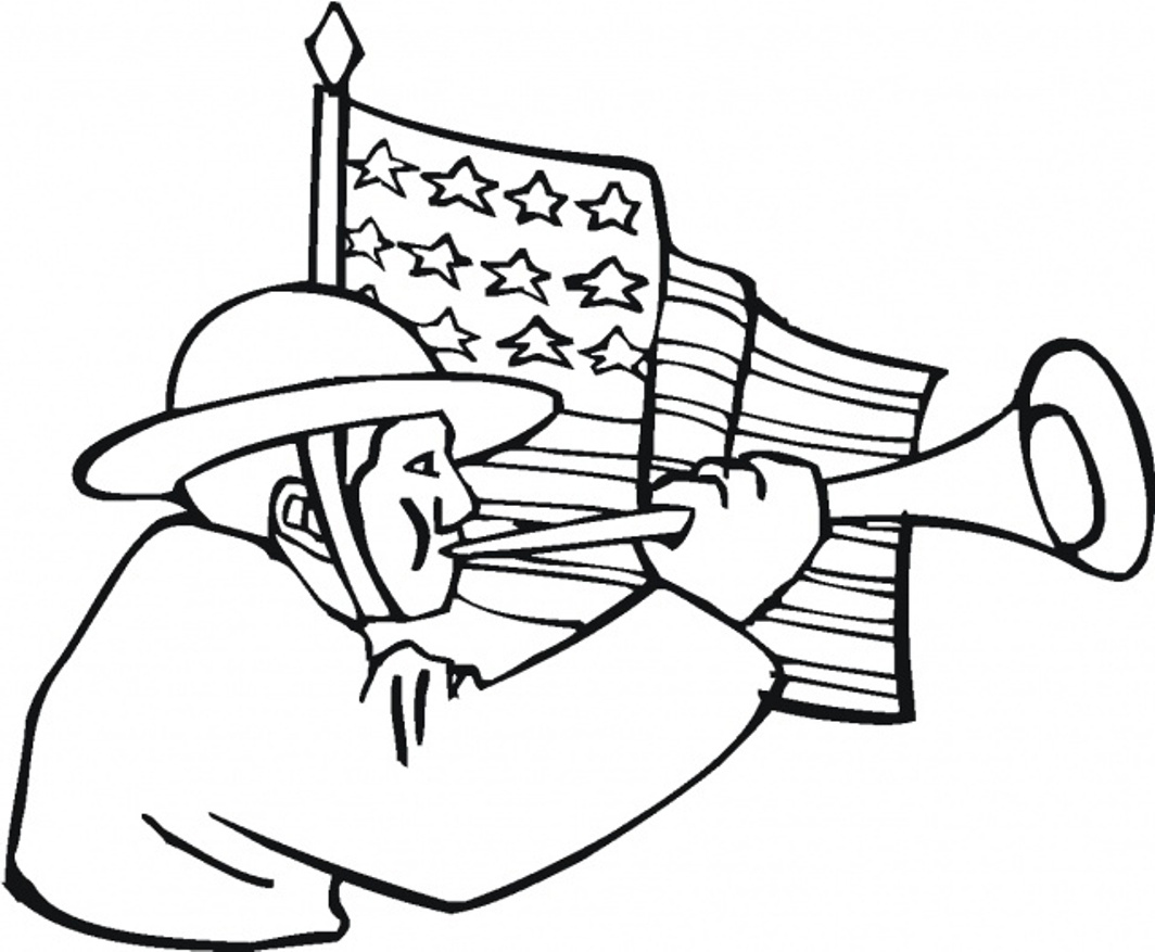 Playing Horn In Front Of American Flag Coloring Page