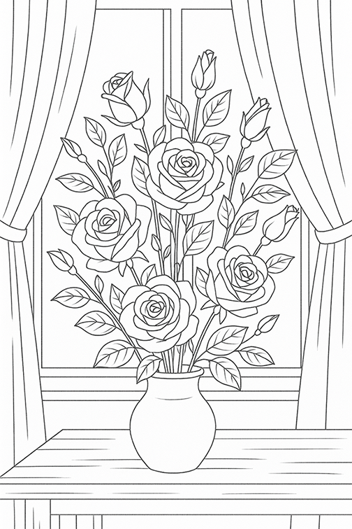 Beautiful Vase Of Roses Coloring Page