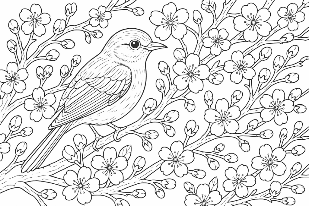 Bird In Cherry Tree Coloring Page
