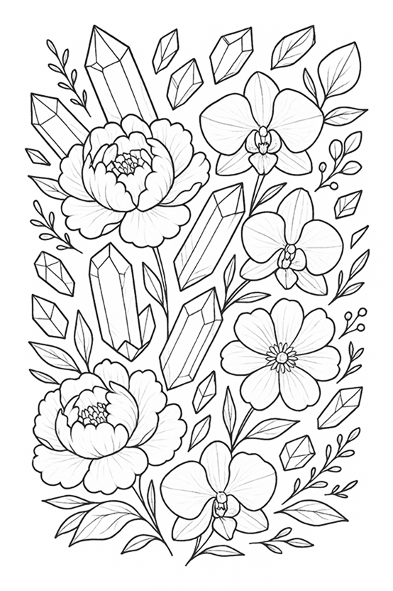 Flowers And Crystals Coloring Page