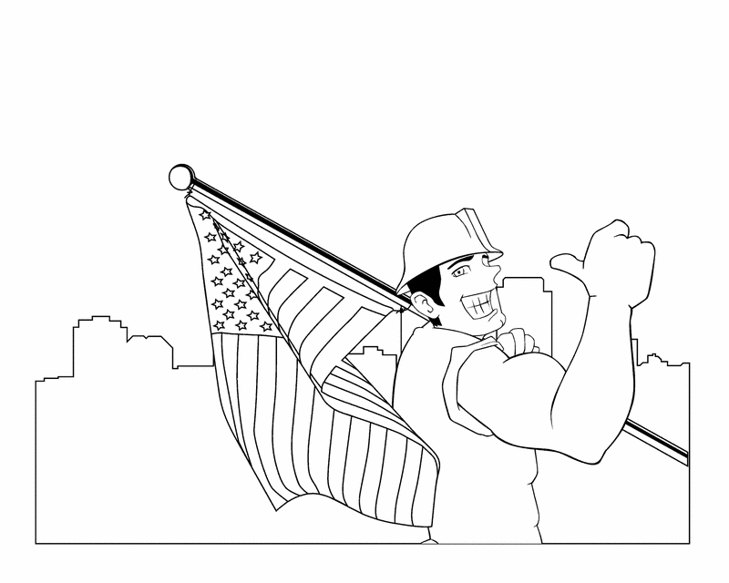 Labor Day Coloring Pages Worker with Flag