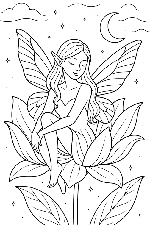 Moon Flower Fairy Coloring Page
