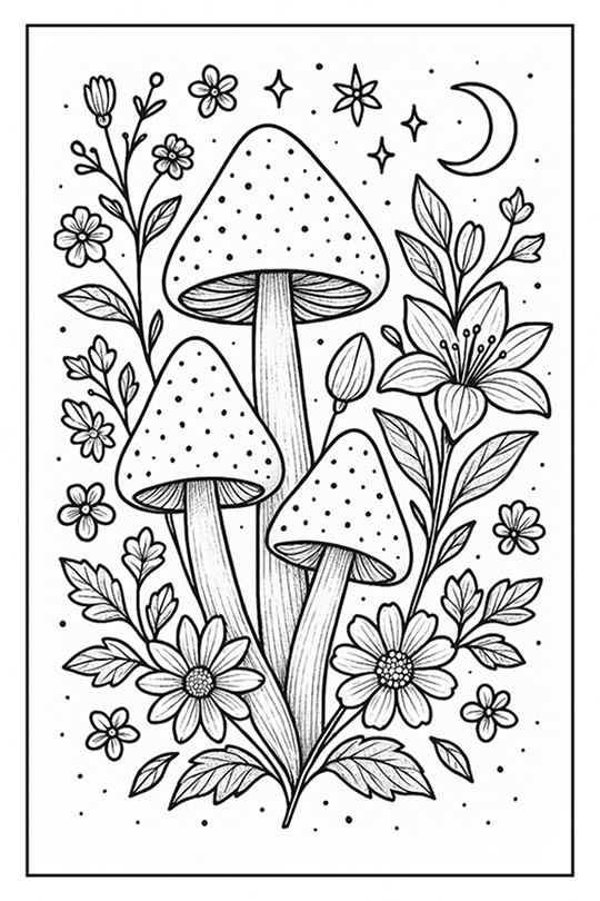 Mushrooms And Flowers Line Art