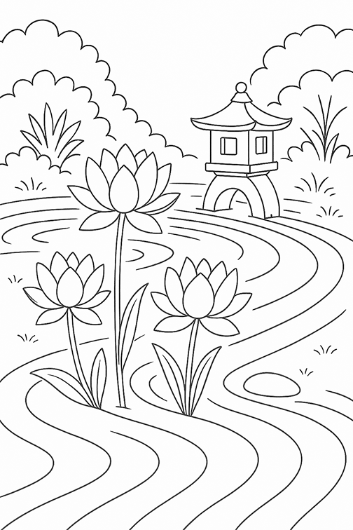 Zen Water Flowers Line Art