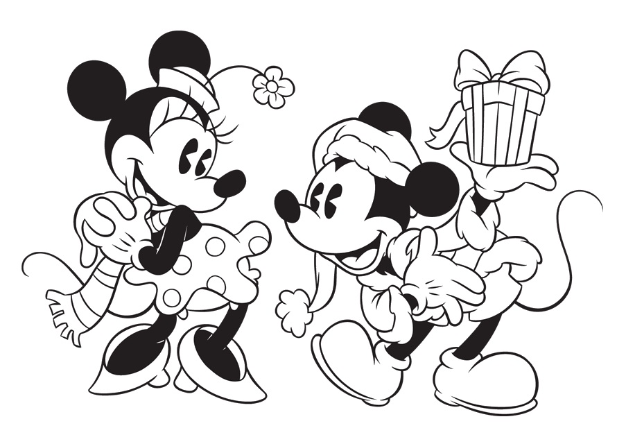 Mickey giving Minnie a Gift - Disney Christmas Coloring Pages