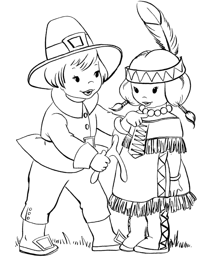 Pilgrim and Indian - Native American Coloring Pages