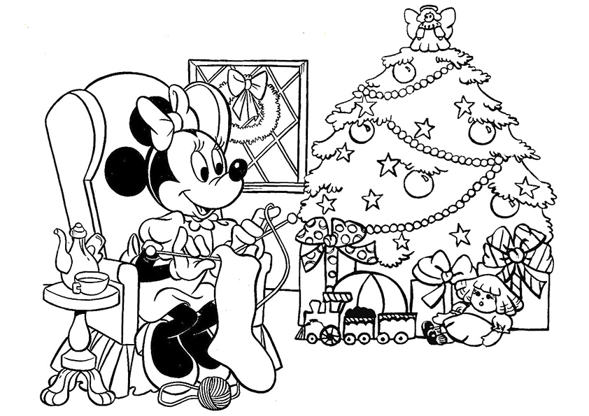 Minnie Mouse Making Christmas Stocking Coloring Page
