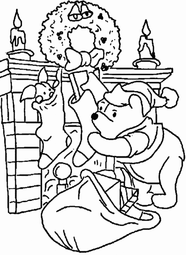 Pooh Hanging Christmas Stocking Coloring Page