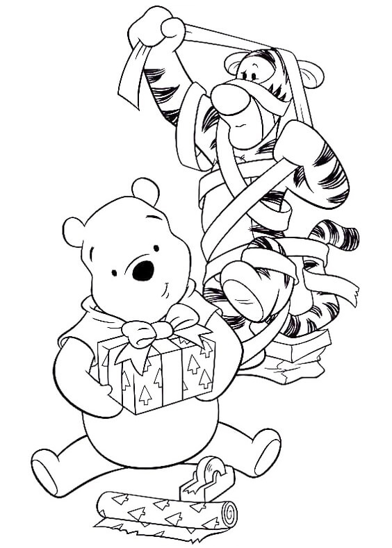 Pooh And Tigger Wrapping Presents Coloring Page