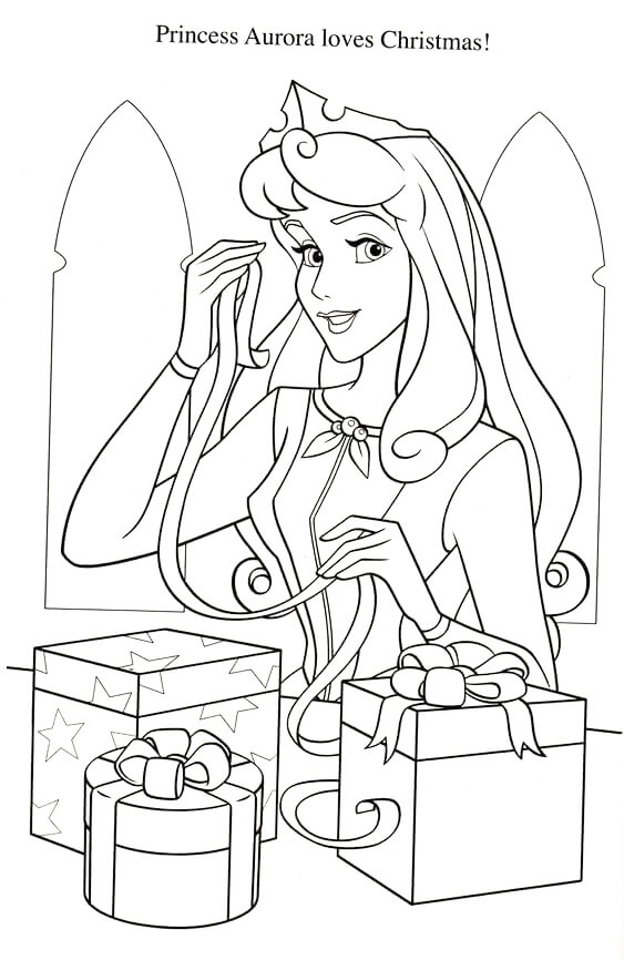 Princess Aurora Wrapping Presents Coloring Page