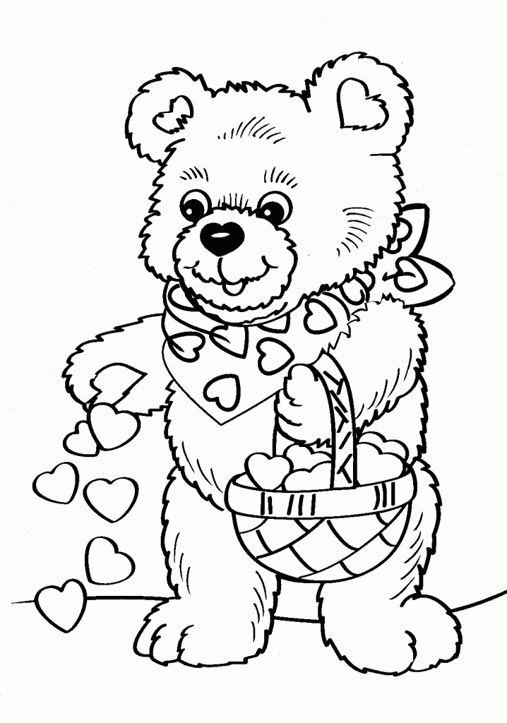 Bear with Valentine Hearts Coloring Page