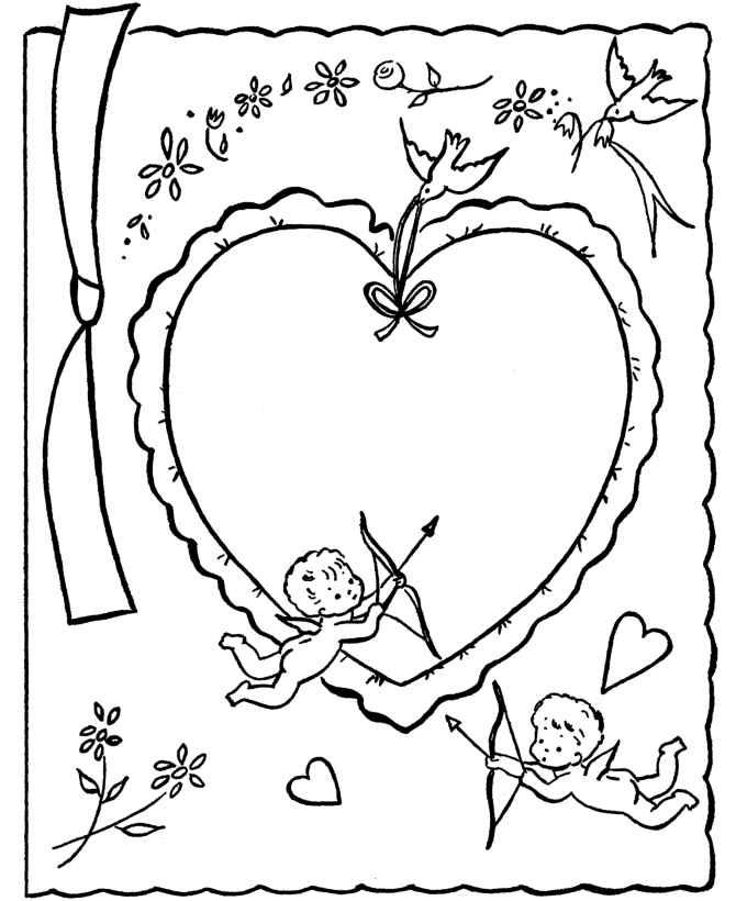 Cupids And Heart Valentine Coloring Page