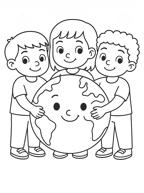 Children Hugging Earth Earth Day Coloring Page