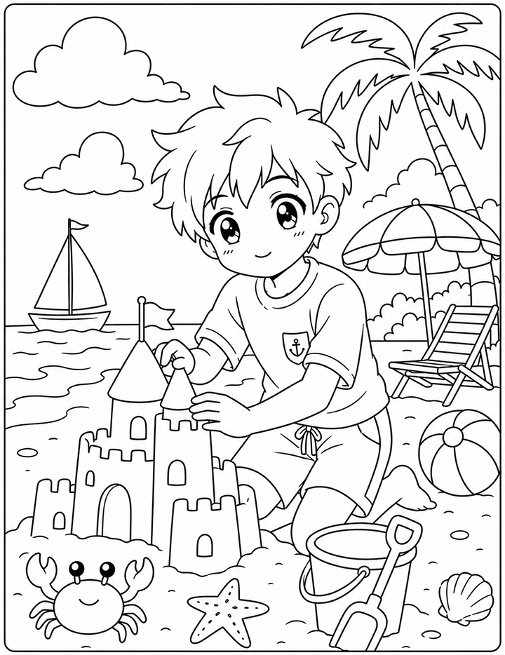 Anime Boy Building A Sandcastle Coloring Page