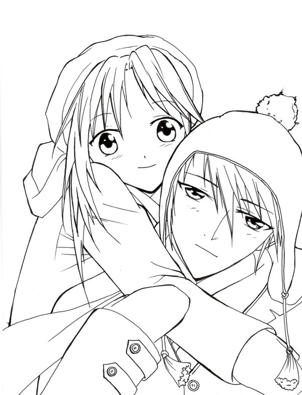 anime boy and girl back to back coloring pages