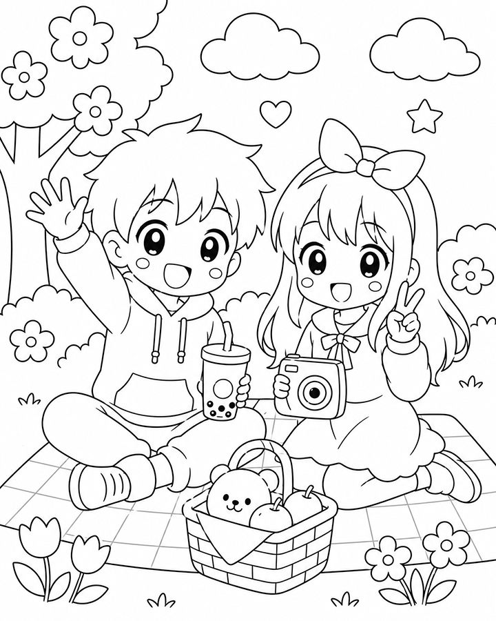 Anime Couple On A Cute Picnic Coloring Page