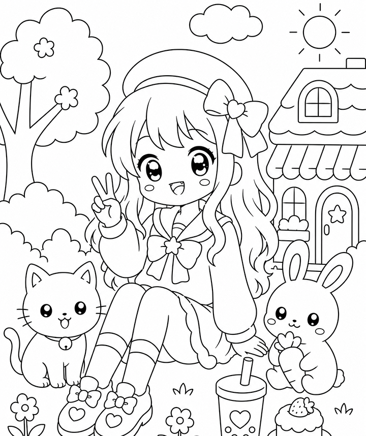 Anime Girl With A Kitten And Rabbit Coloring Page