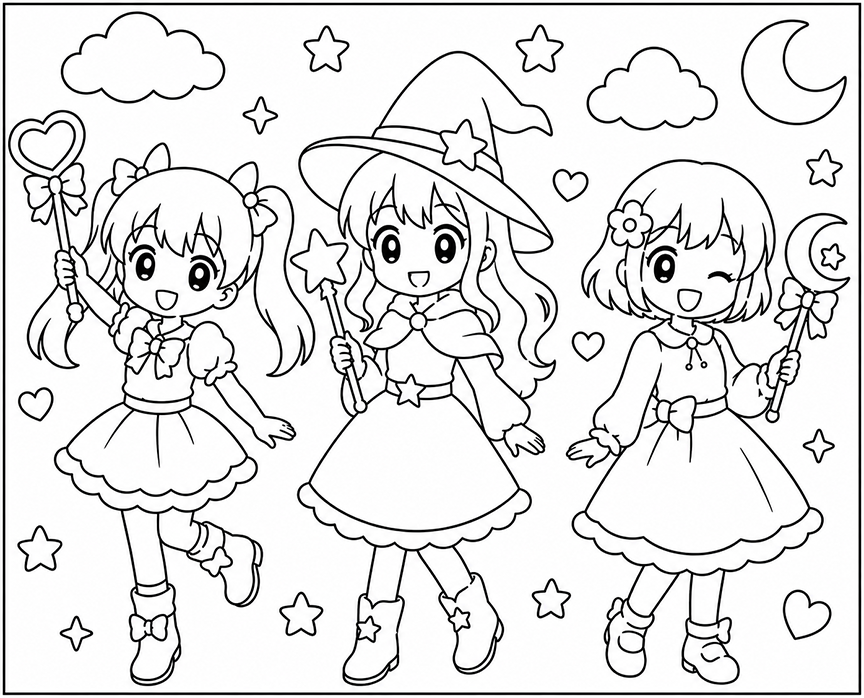 Anime Girls With Wands Coloring Page