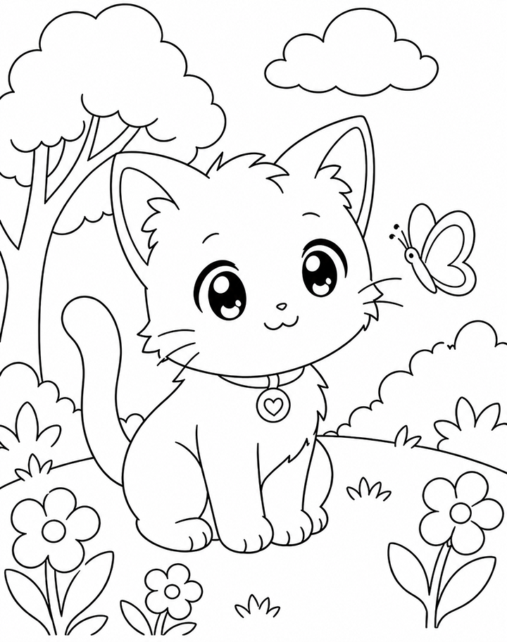 Anime Kitten In The Flower Coloring Page