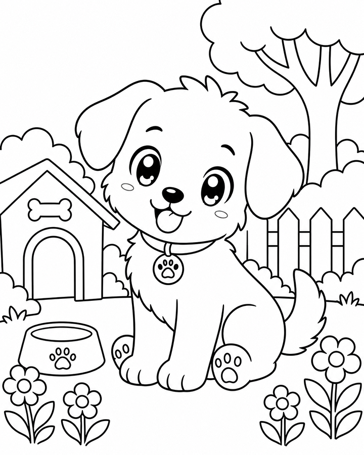 Anime Puppy In The Backyard Coloring Page