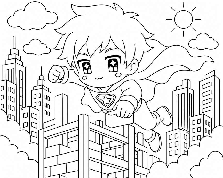 Anime Superhero Flying Above The City Coloring Page