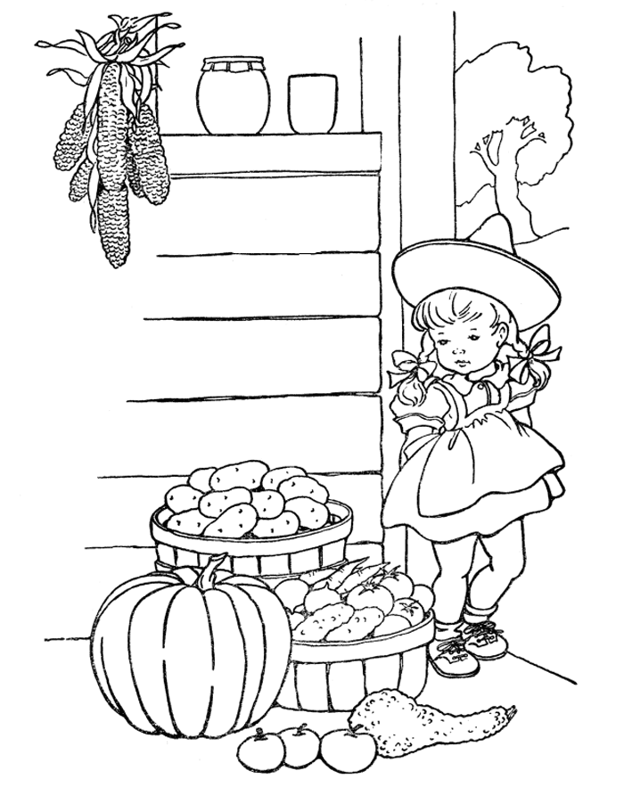 Girl And Vegetable Harvest Coloring Page