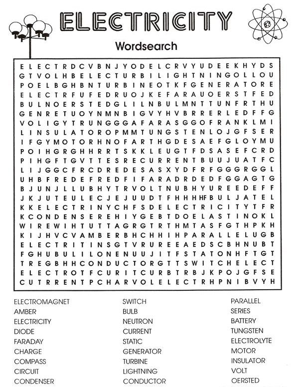 Electricity - Printable Word Search for Teens