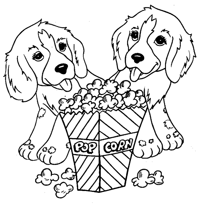 Puppies and Popcorn - Animal Coloring Pages