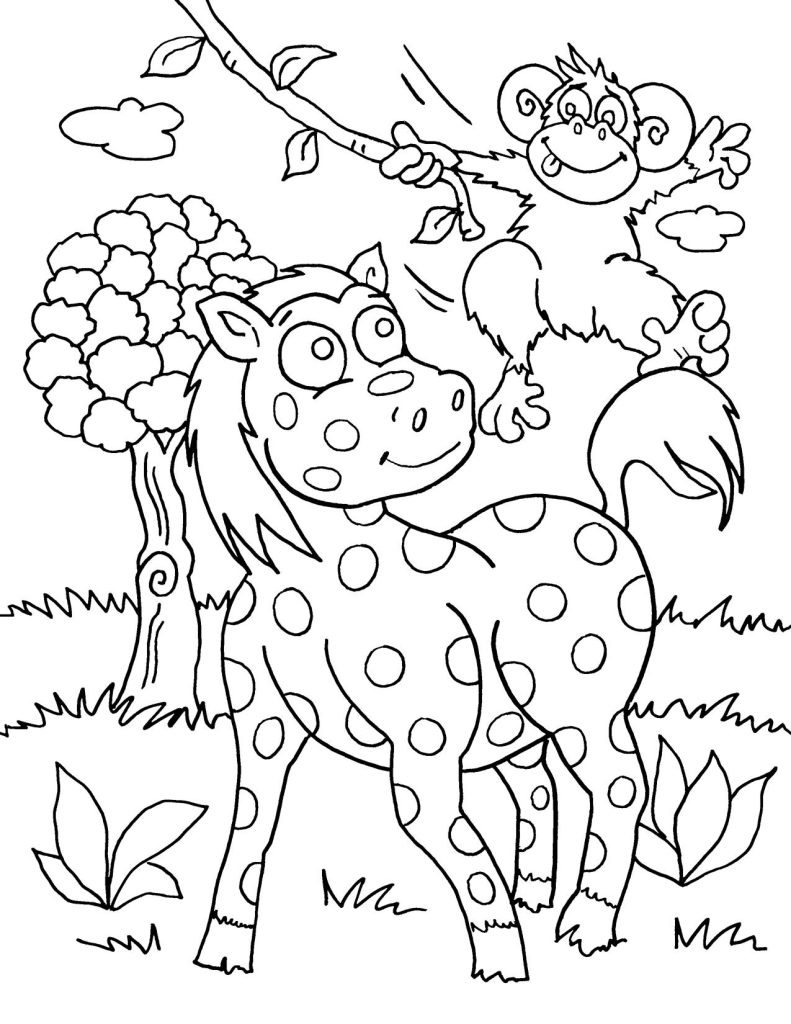 Spotted Horse And Monkey Coloring Page