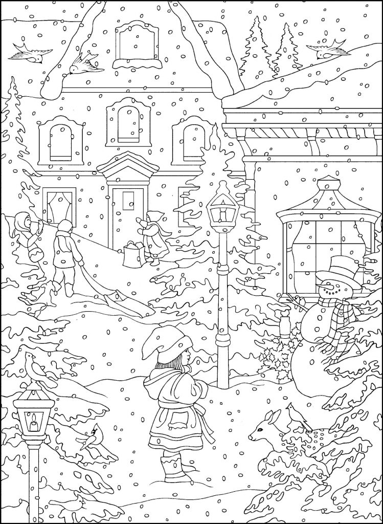 Winter Scene Coloring Page for Adults