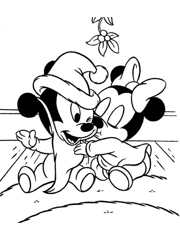 Baby Mickey And Minnie Under Mistletoe Coloring Page
