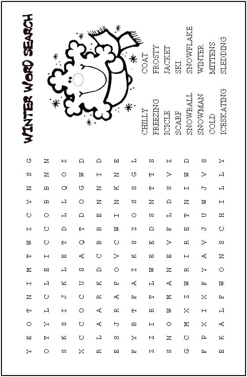 Snow Fort Word Search Puzzle Activity Page with Coloring