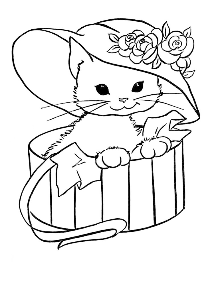 Cute Kitten In Hat Box Coloring Page