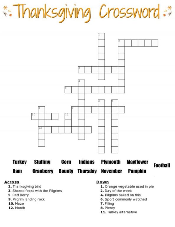 Easy Thanksgiving Crossword Puzzle