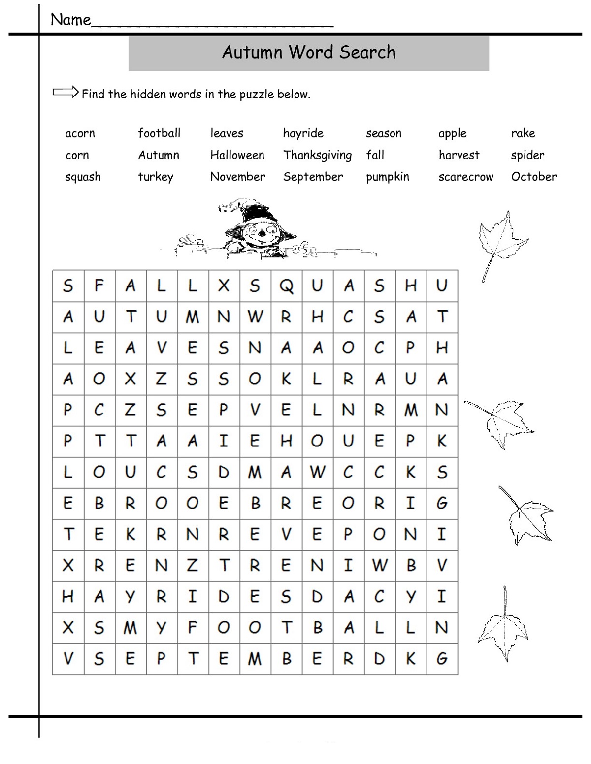 Fall Themed Word Search Free Printable
