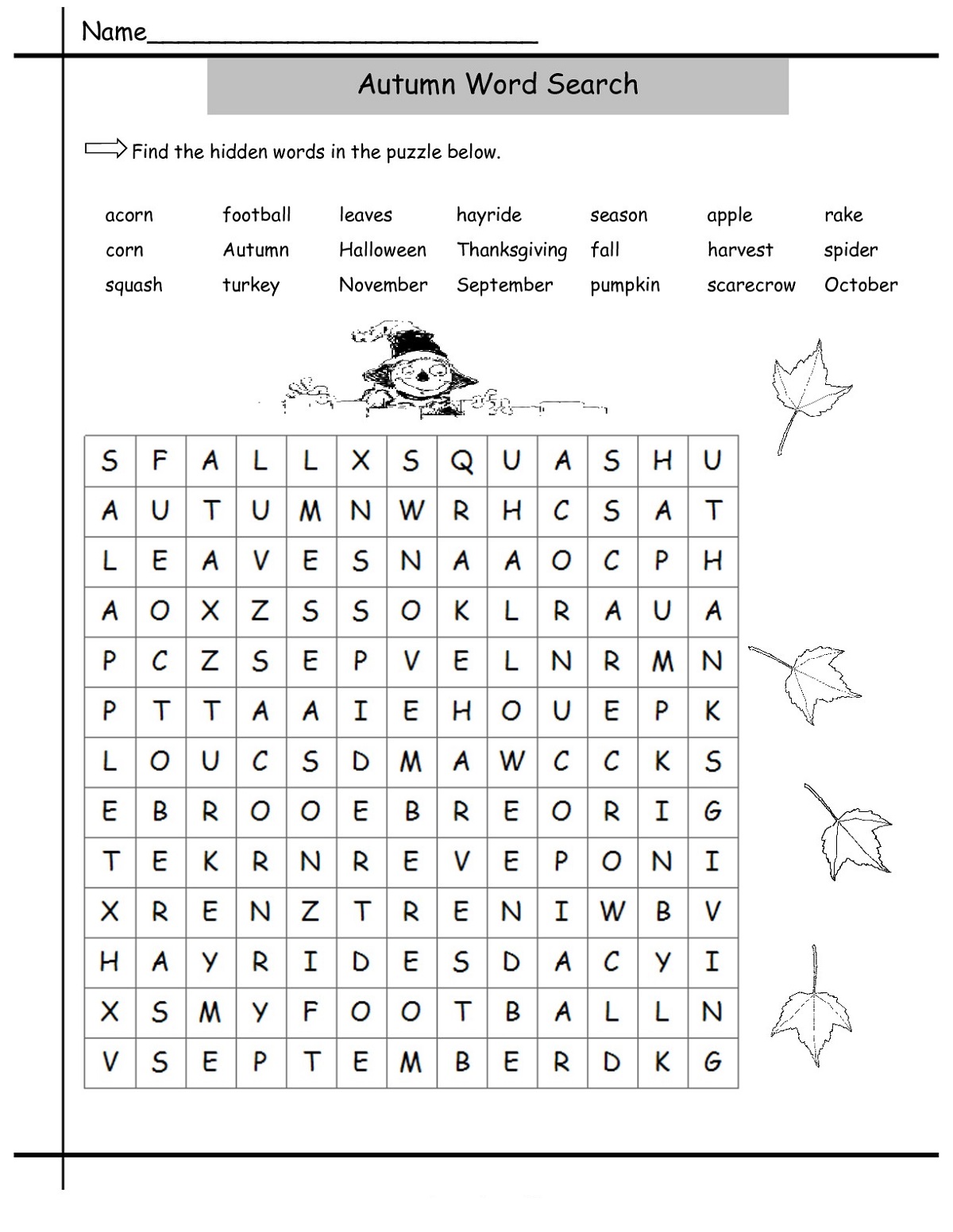 Fall Printable Word Search