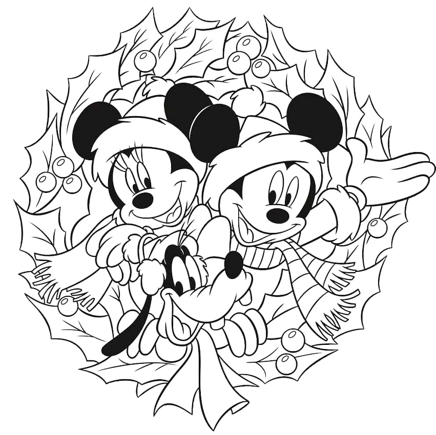 Mickey Minnie Goofy Christmas Wreath Coloring Page