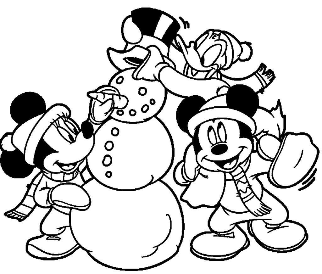 Mickey Mouse Building Snowman Coloring Page