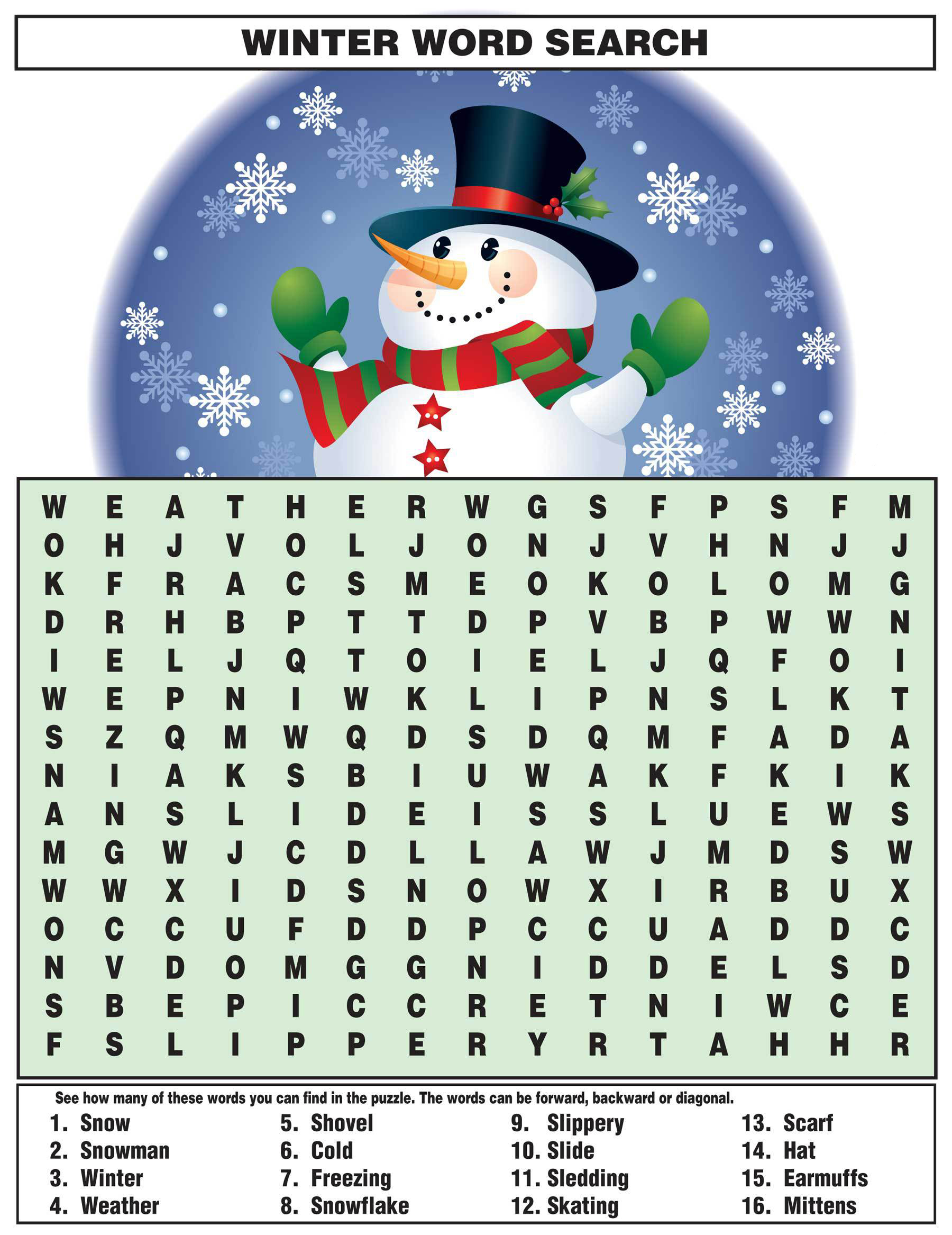 word winter printable searches puzzle wordsearch words puzzles theme snowman holiday activities coloring crossword children december serch games easy areavoices