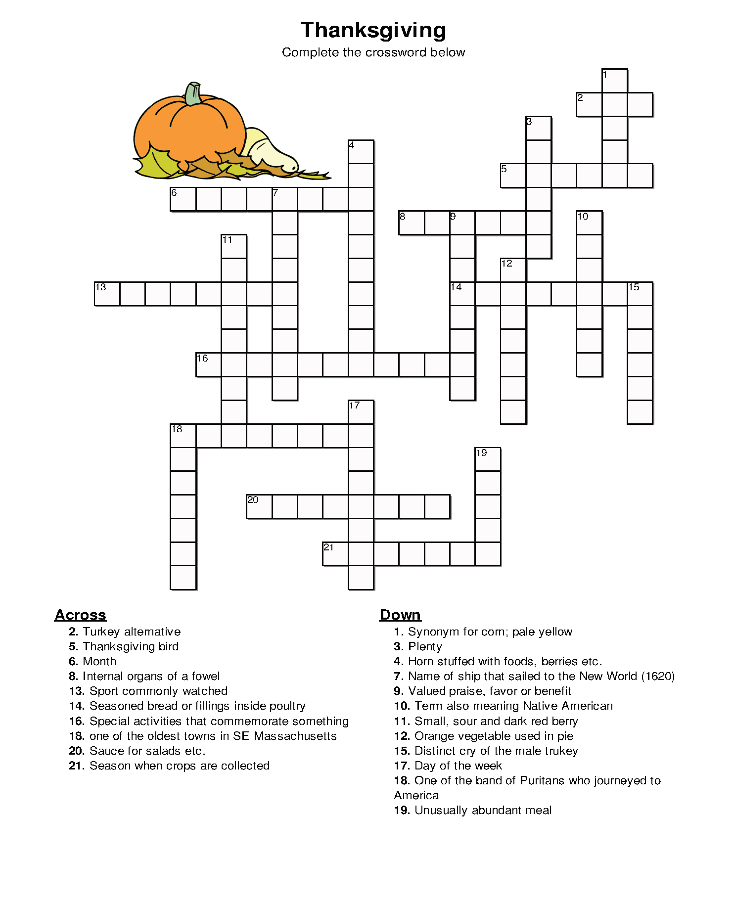 Download Thanksgiving Crossword Puzzle - Best Coloring Pages For Kids