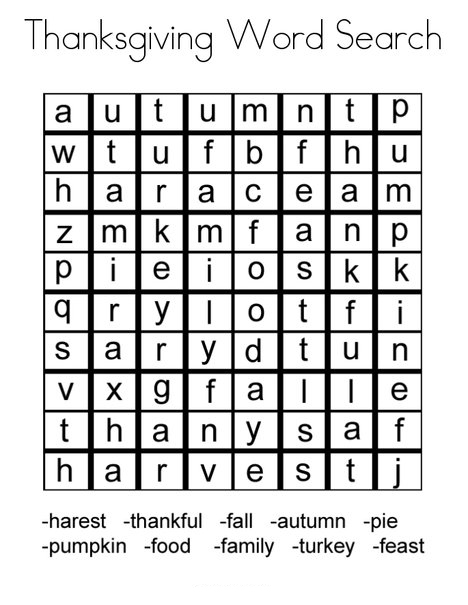 Thanksgiving Word Search - Easy