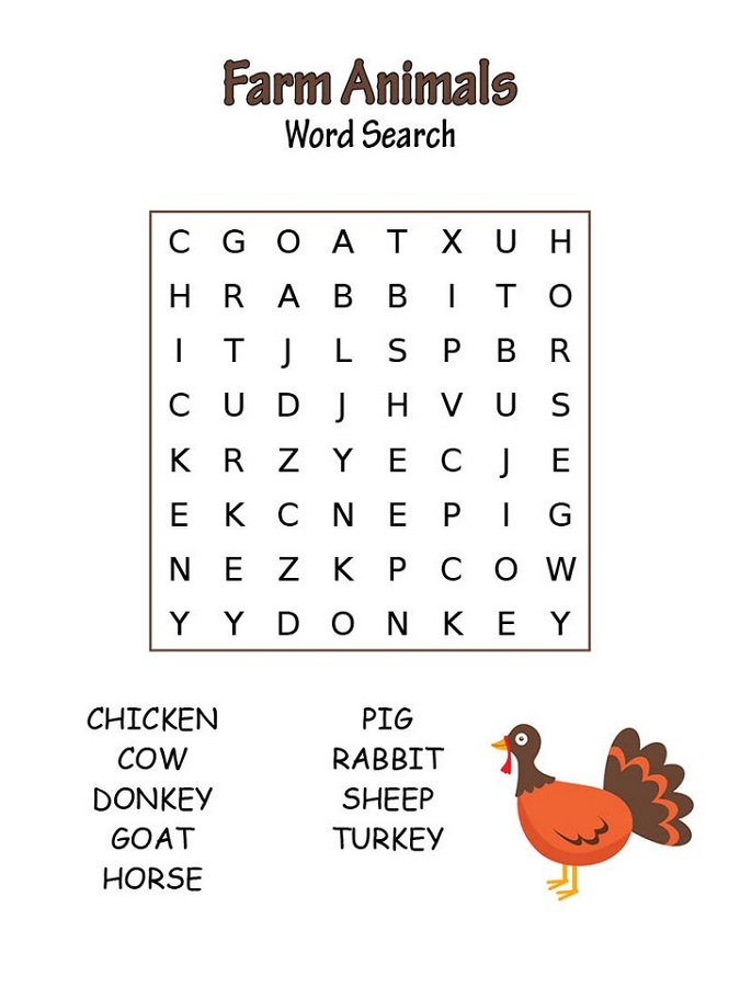 Easy Farm Animals Word Search