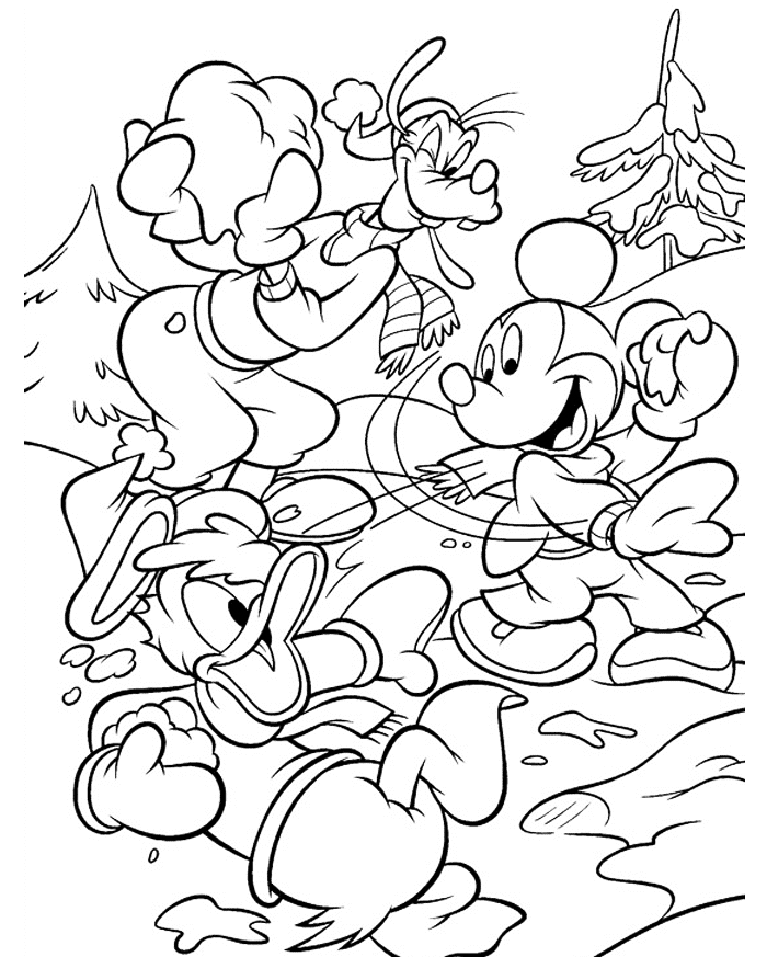 Mickey Snowfight In January Coloring Page