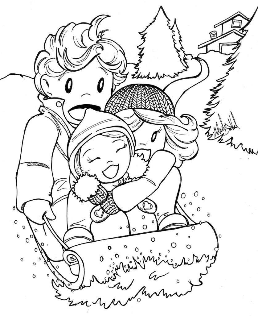 Sledding in January Coloring Page